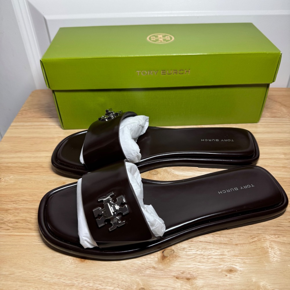 Tory Burch Turnlock Slide Sandals Cocoa Brown Box Leather Silver Size 8